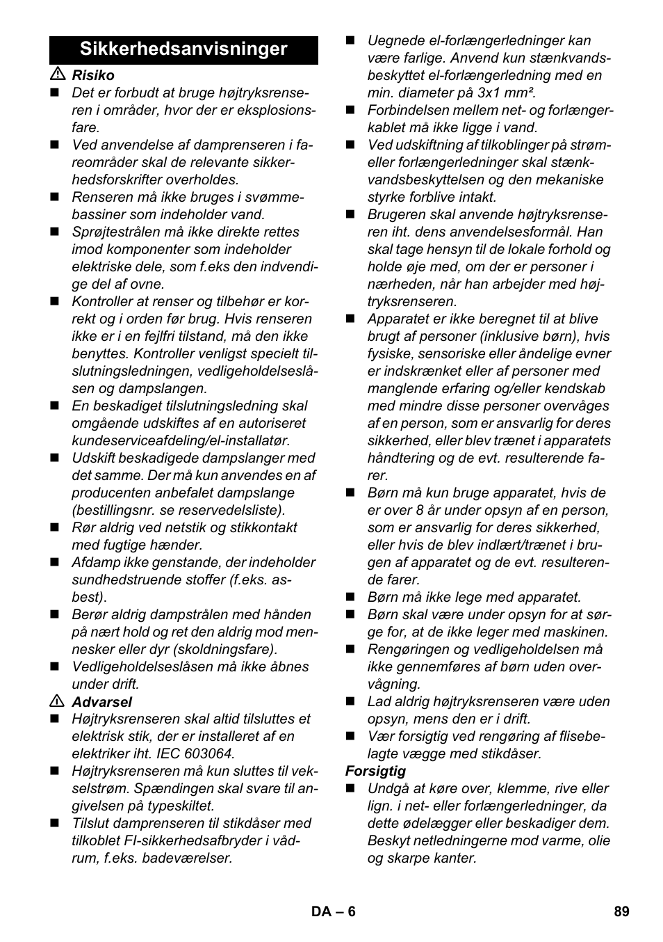 Sikkerhedsanvisninger | Karcher SC 6-800 C User Manual | Page 89 / 342