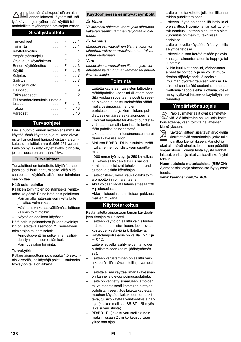 Suomi, Sisällysluettelo, Turvaohjeet | Toiminta käyttötarkoitus ympäristönsuojelu | Karcher BD 100-250 R I Bp User Manual | Page 138 / 370