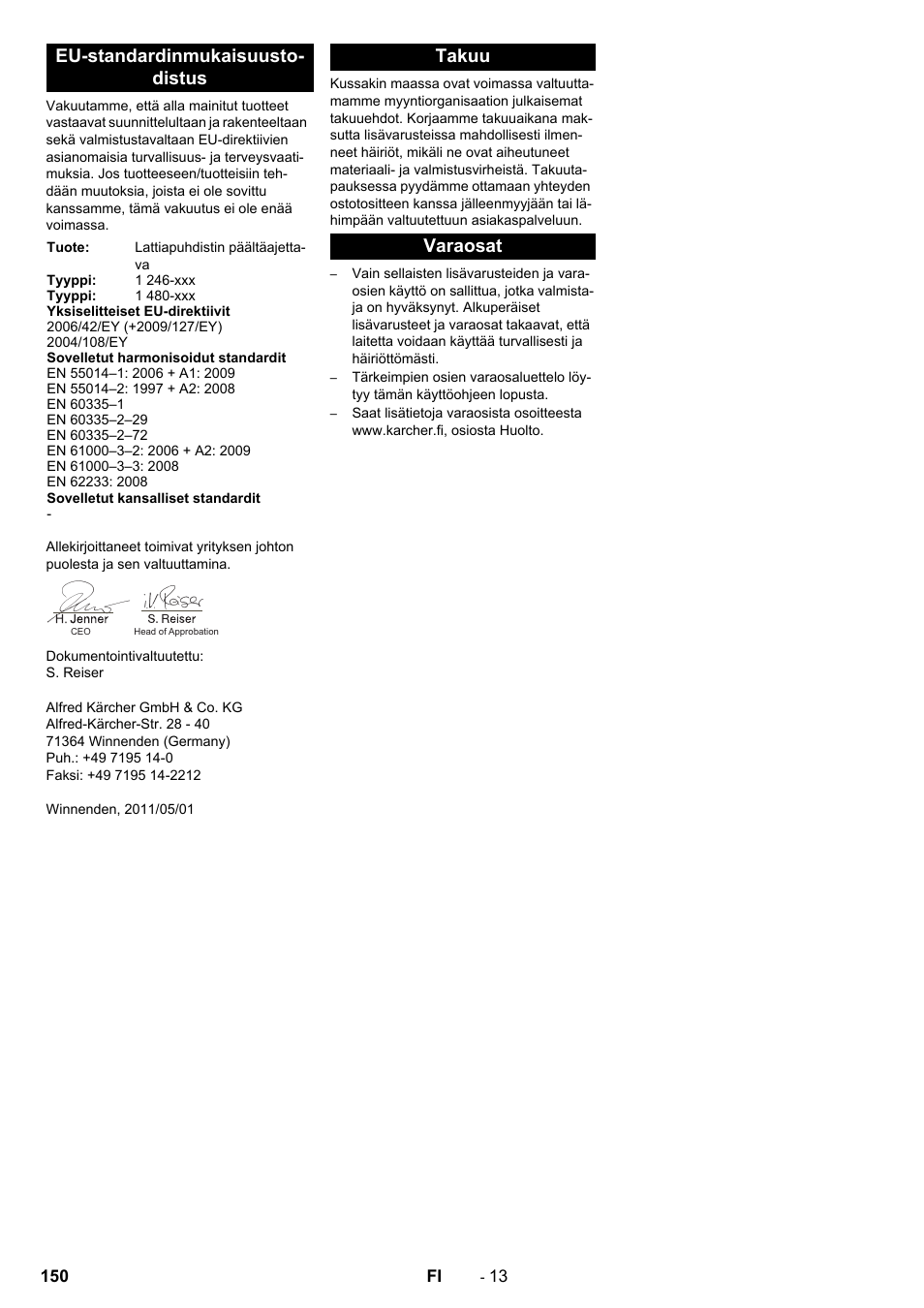 Eu-standardinmukaisuusto- distus, Takuu varaosat | Karcher BD 100-250 R I Bp User Manual | Page 150 / 370