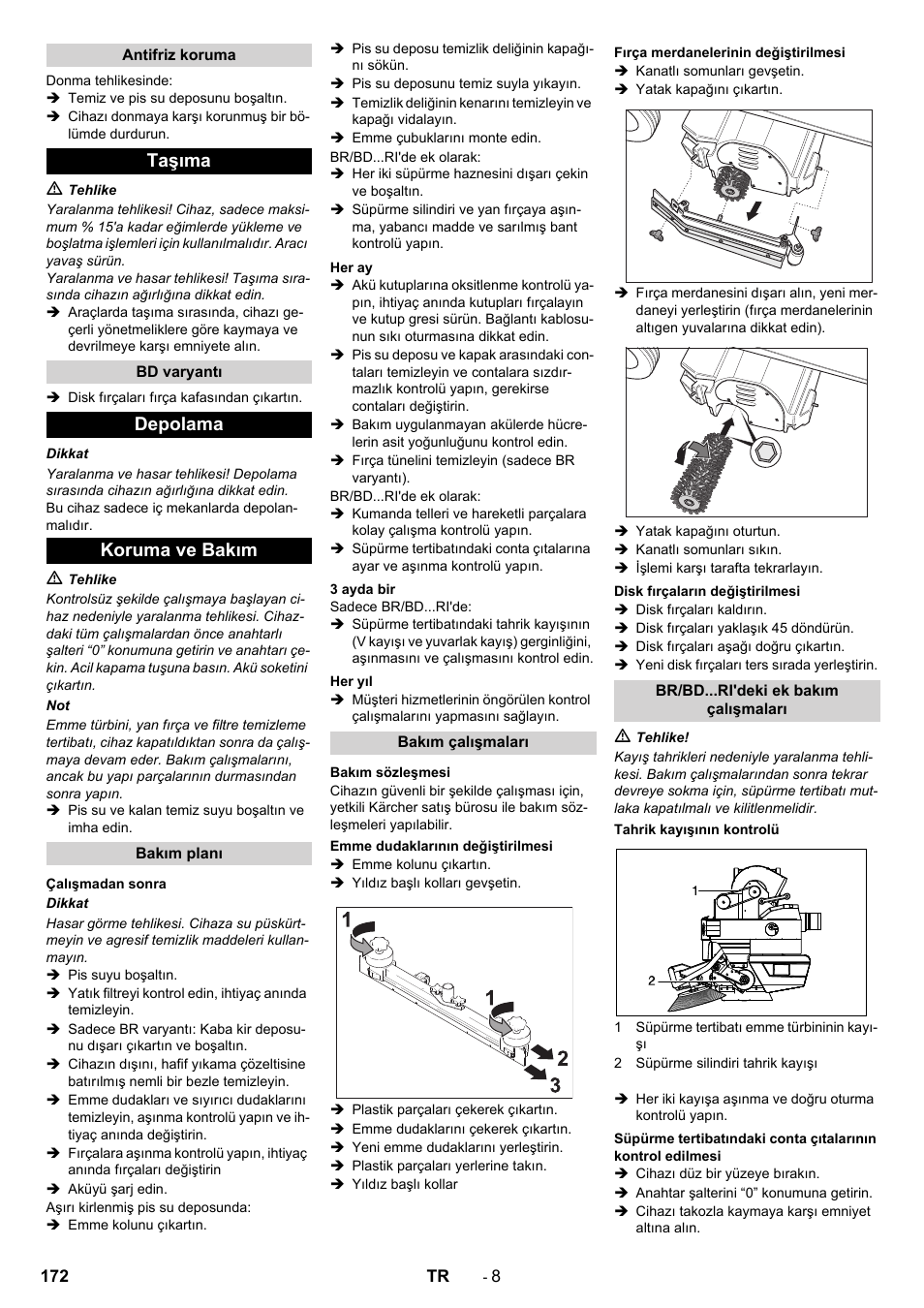 Taşıma, Depolama koruma ve bakım | Karcher BD 100-250 R I Bp User Manual | Page 172 / 370