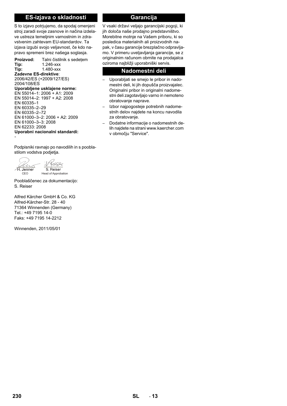 Es-izjava o skladnosti, Garancija nadomestni deli | Karcher BD 100-250 R I Bp User Manual | Page 230 / 370