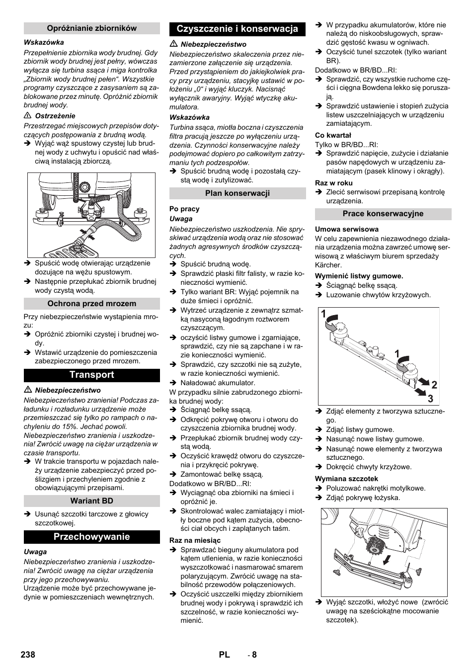 Transport, Przechowywanie czyszczenie i konserwacja | Karcher BD 100-250 R I Bp User Manual | Page 238 / 370