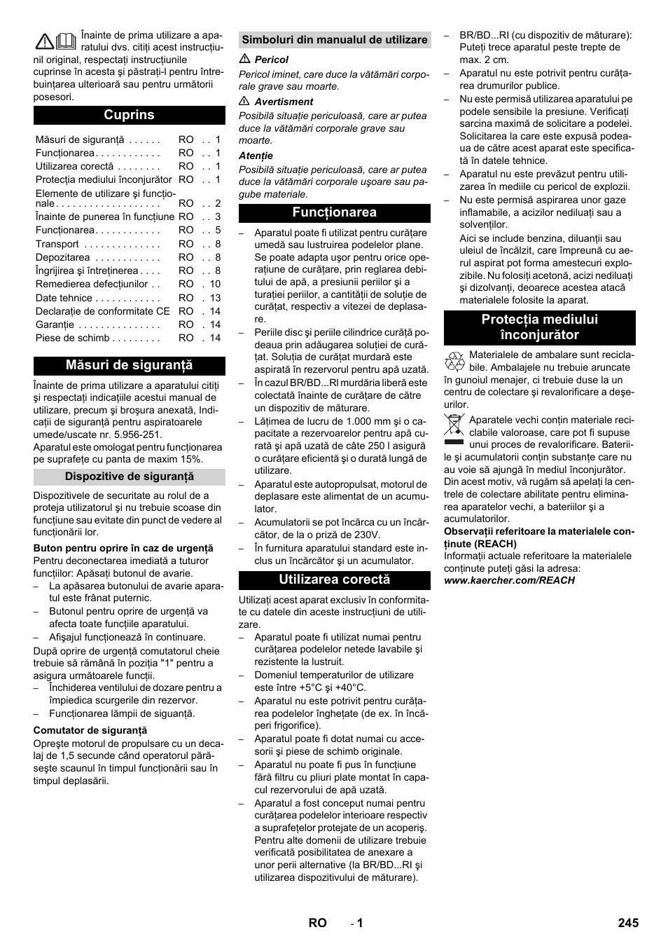 Româneşte, Românete, Cuprins | Măsuri de siguranţă | Karcher BD 100-250 R I Bp User Manual | Page 245 / 370