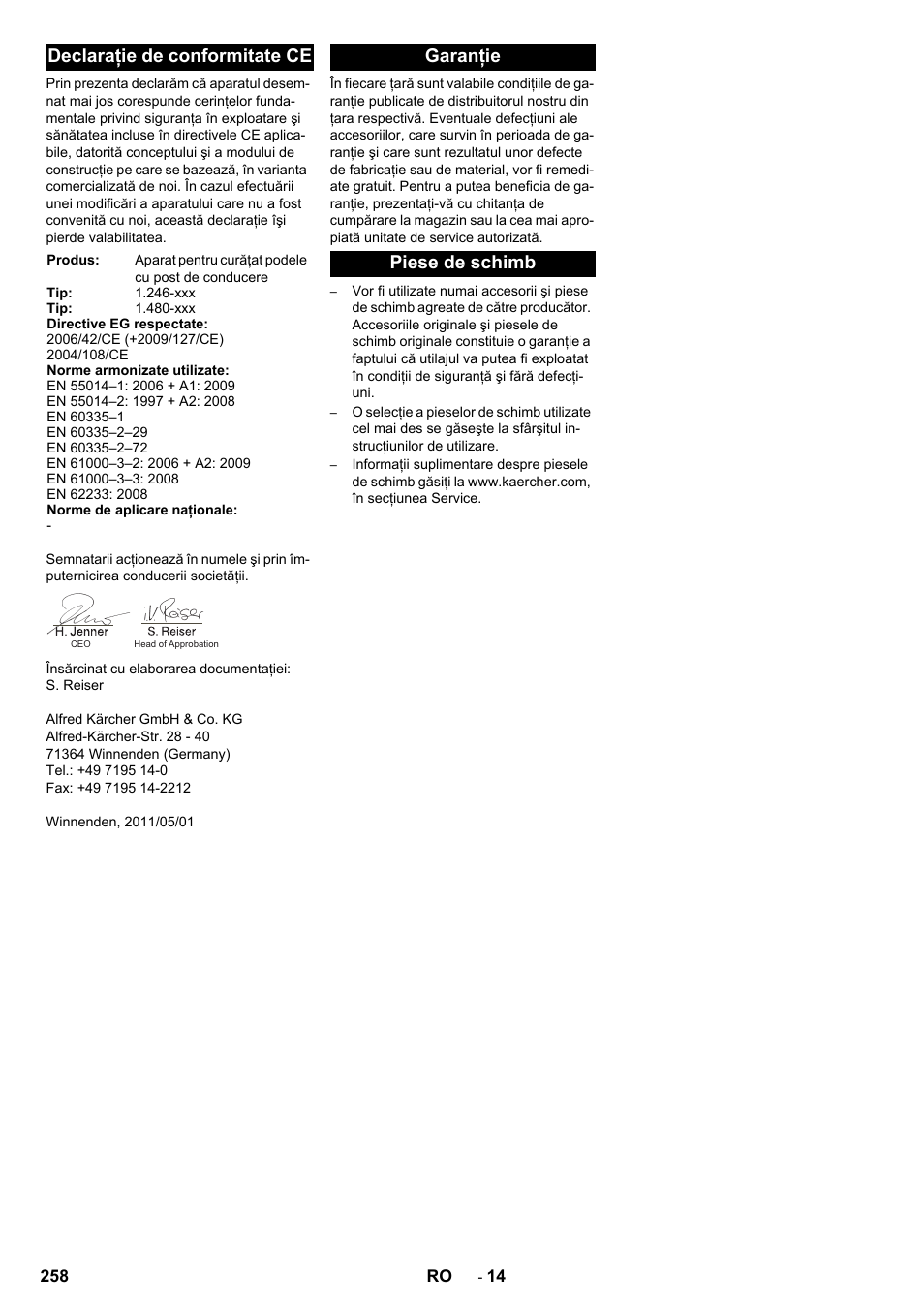 Declaraţie de conformitate ce, Garanţie piese de schimb | Karcher BD 100-250 R I Bp User Manual | Page 258 / 370