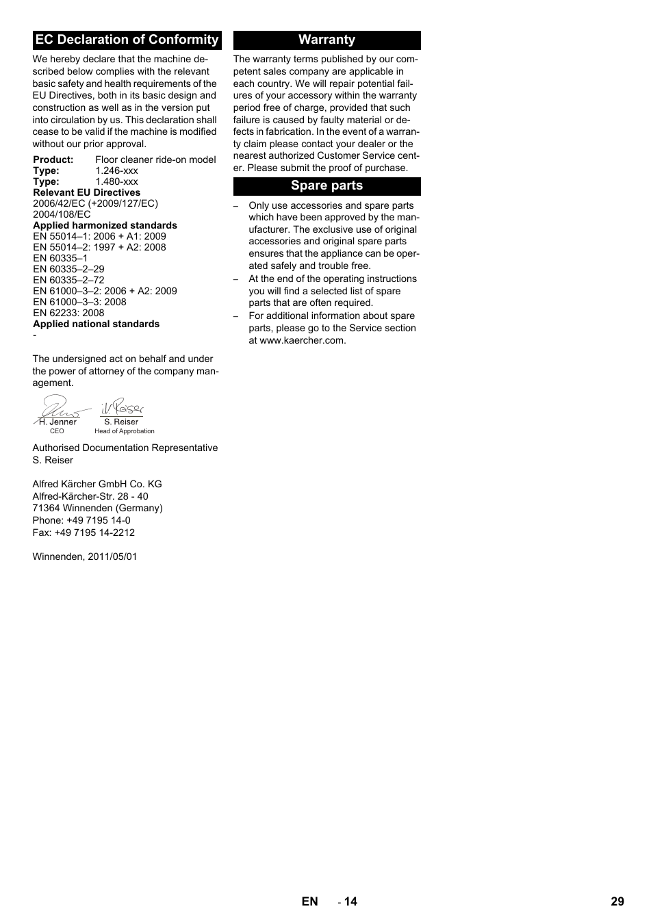 Ec declaration of conformity, Warranty spare parts | Karcher BD 100-250 R I Bp User Manual | Page 29 / 370