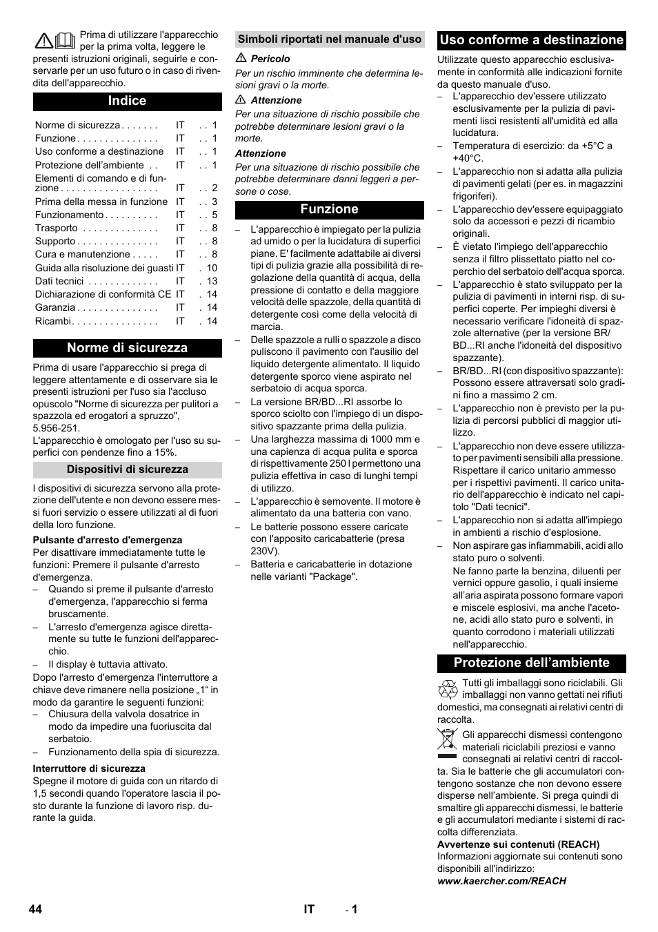 Italiano, Indice, Norme di sicurezza | Karcher BD 100-250 R I Bp User Manual | Page 44 / 370