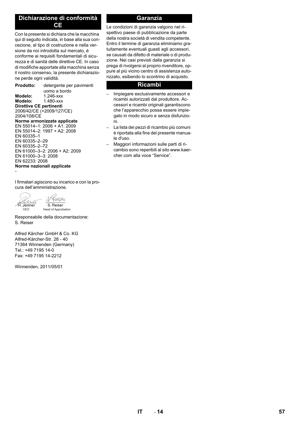 Dichiarazione di conformità ce, Garanzia ricambi | Karcher BD 100-250 R I Bp User Manual | Page 57 / 370