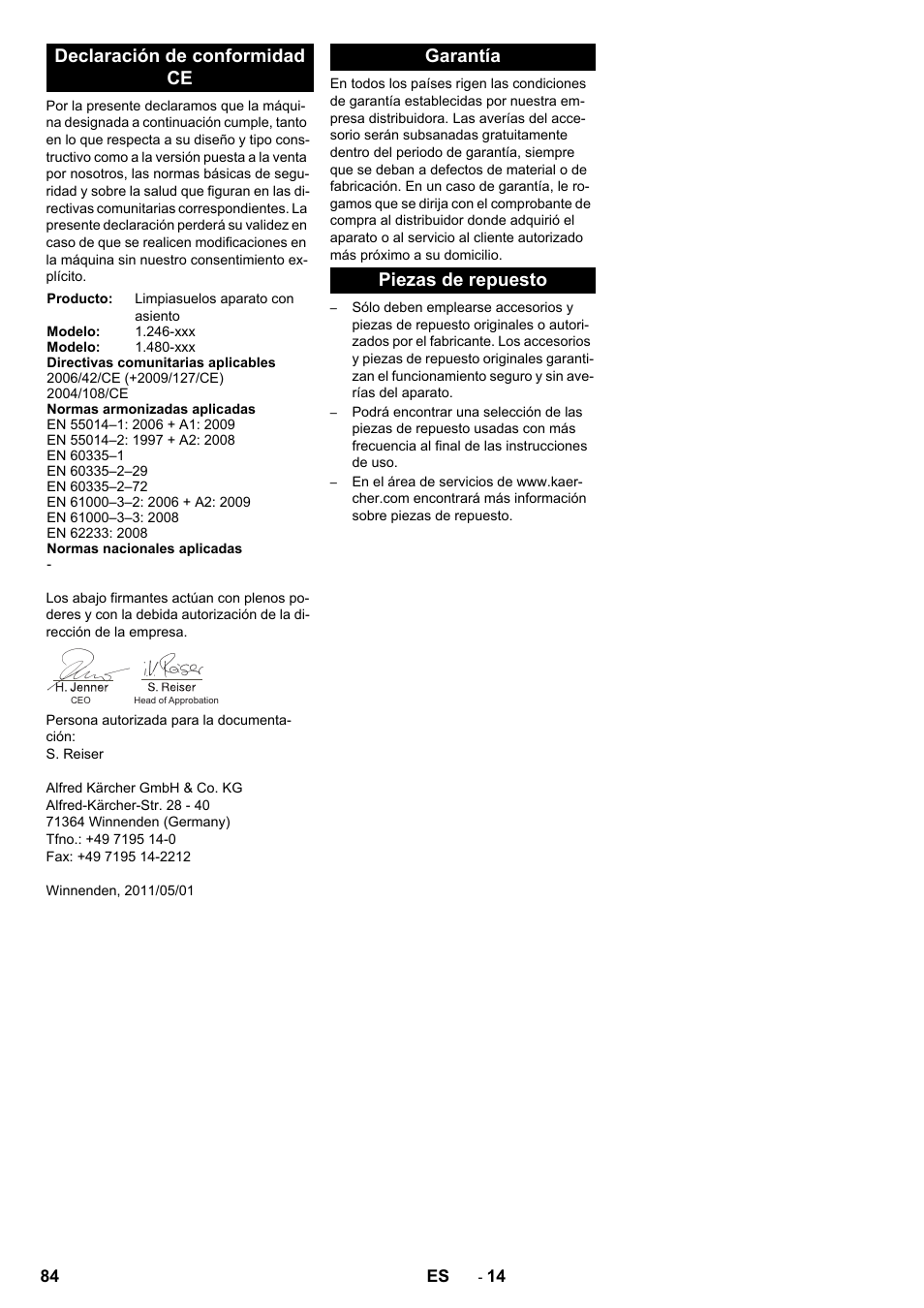 Declaración de conformidad ce, Garantía piezas de repuesto | Karcher BD 100-250 R I Bp User Manual | Page 84 / 370