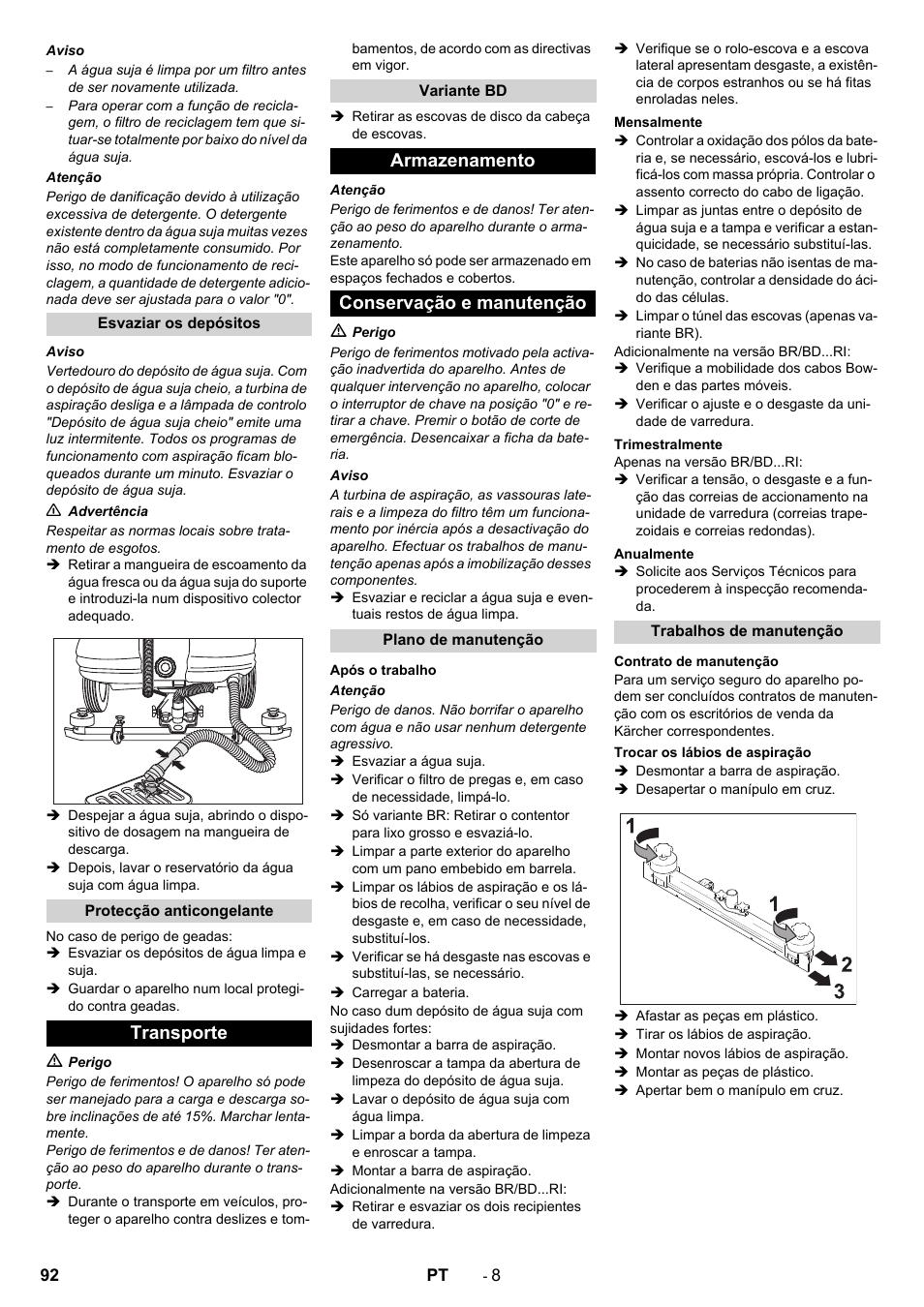 Transporte, Armazenamento conservação e manutenção | Karcher BD 100-250 R I Bp User Manual | Page 92 / 370