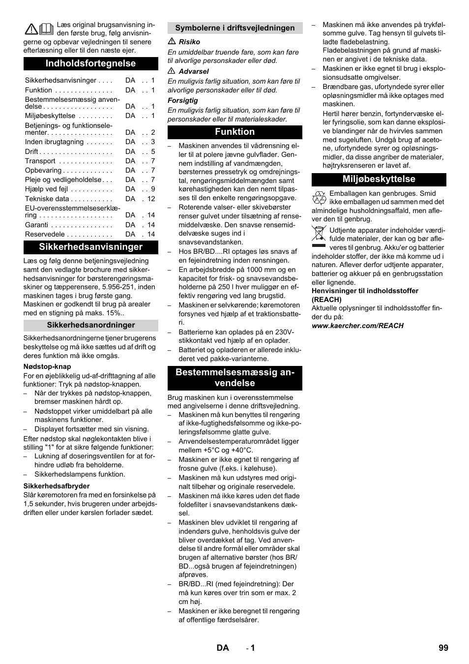 Dansk, Indholdsfortegnelse, Sikkerhedsanvisninger | Karcher BD 100-250 R I Bp User Manual | Page 99 / 370