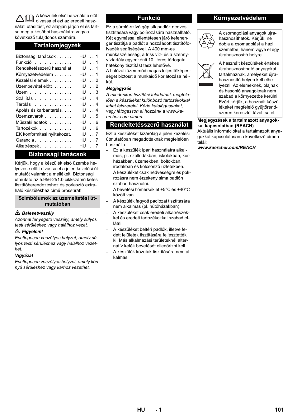 Magyar, Tartalomjegyzék, Biztonsági tanácsok | Karcher BR 40-10 C Adv + MF User Manual | Page 101 / 196