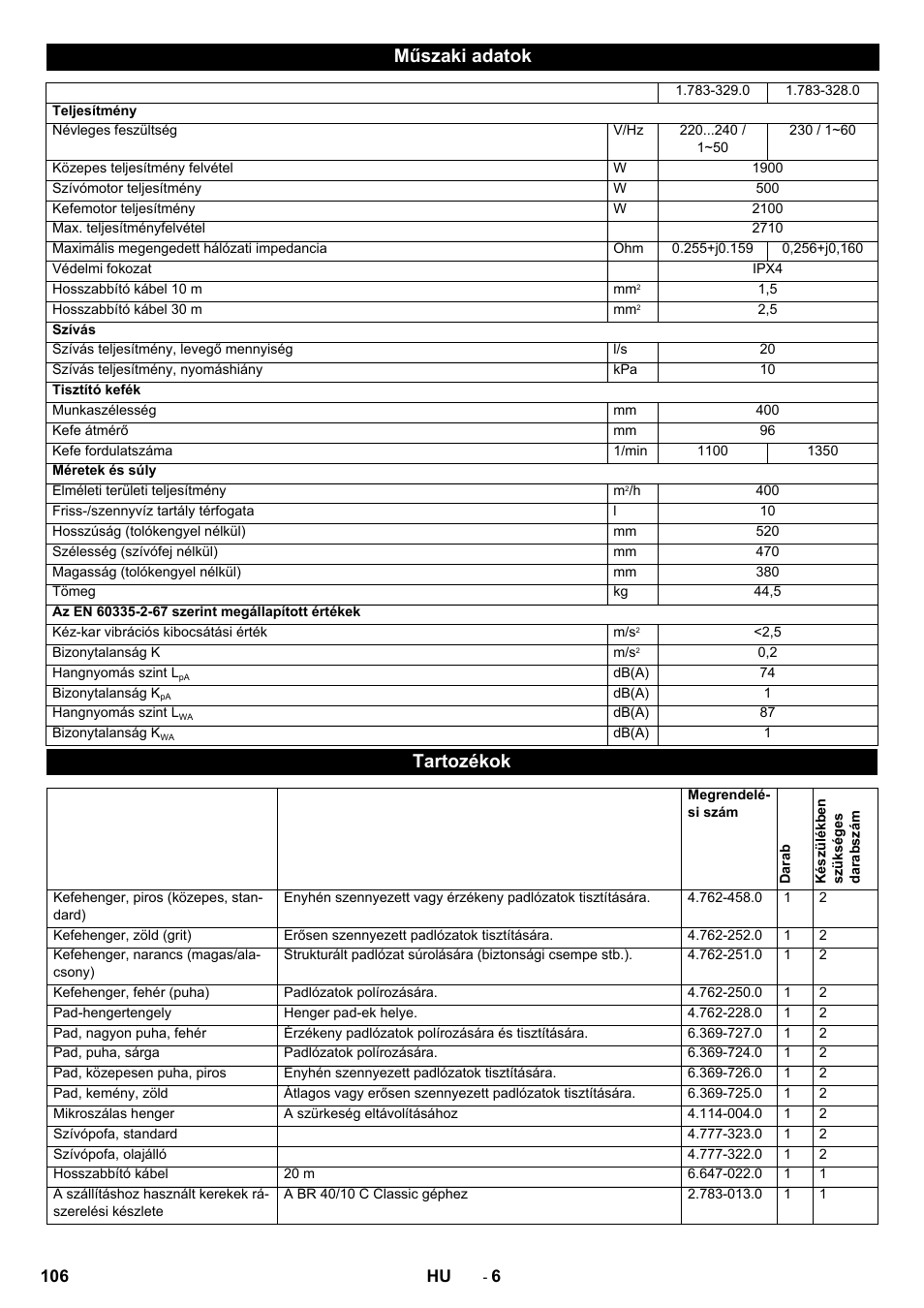 Műszaki adatok, Tartozékok | Karcher BR 40-10 C Adv + MF User Manual | Page 106 / 196