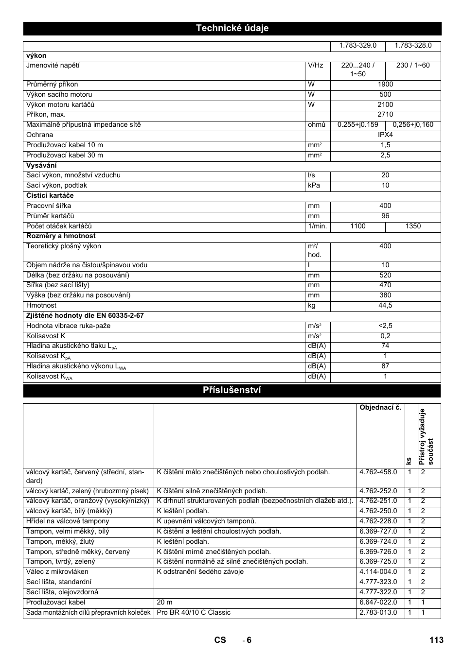 Technické údaje, Příslušenství | Karcher BR 40-10 C Adv + MF User Manual | Page 113 / 196