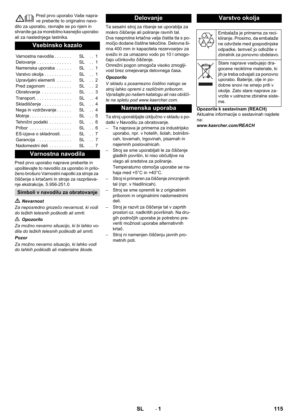 Slovenščina, Vsebinsko kazalo, Varnostna navodila | Delovanje namenska uporaba varstvo okolja | Karcher BR 40-10 C Adv + MF User Manual | Page 115 / 196