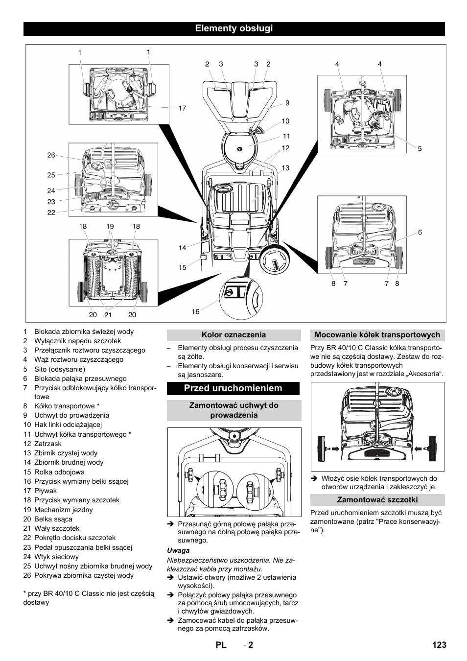 Elementy obsługi, Przed uruchomieniem | Karcher BR 40-10 C Adv + MF User Manual | Page 123 / 196