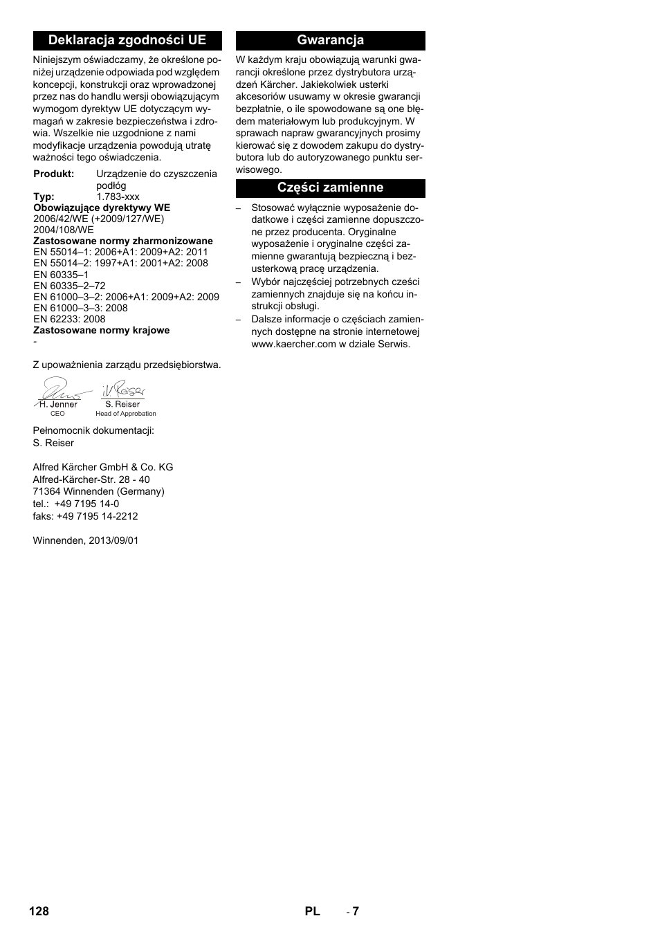 Deklaracja zgodności ue, Gwarancja części zamienne | Karcher BR 40-10 C Adv + MF User Manual | Page 128 / 196