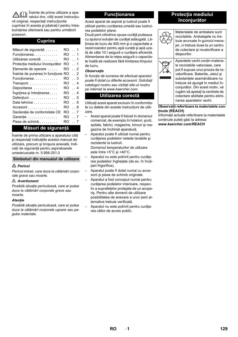 Româneşte, Cuprins, Măsuri de siguranţă | Karcher BR 40-10 C Adv + MF User Manual | Page 129 / 196