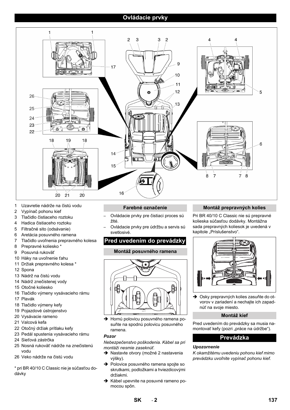 Ovládacie prvky, Pred uvedením do prevádzky, Prevádzka | Karcher BR 40-10 C Adv + MF User Manual | Page 137 / 196