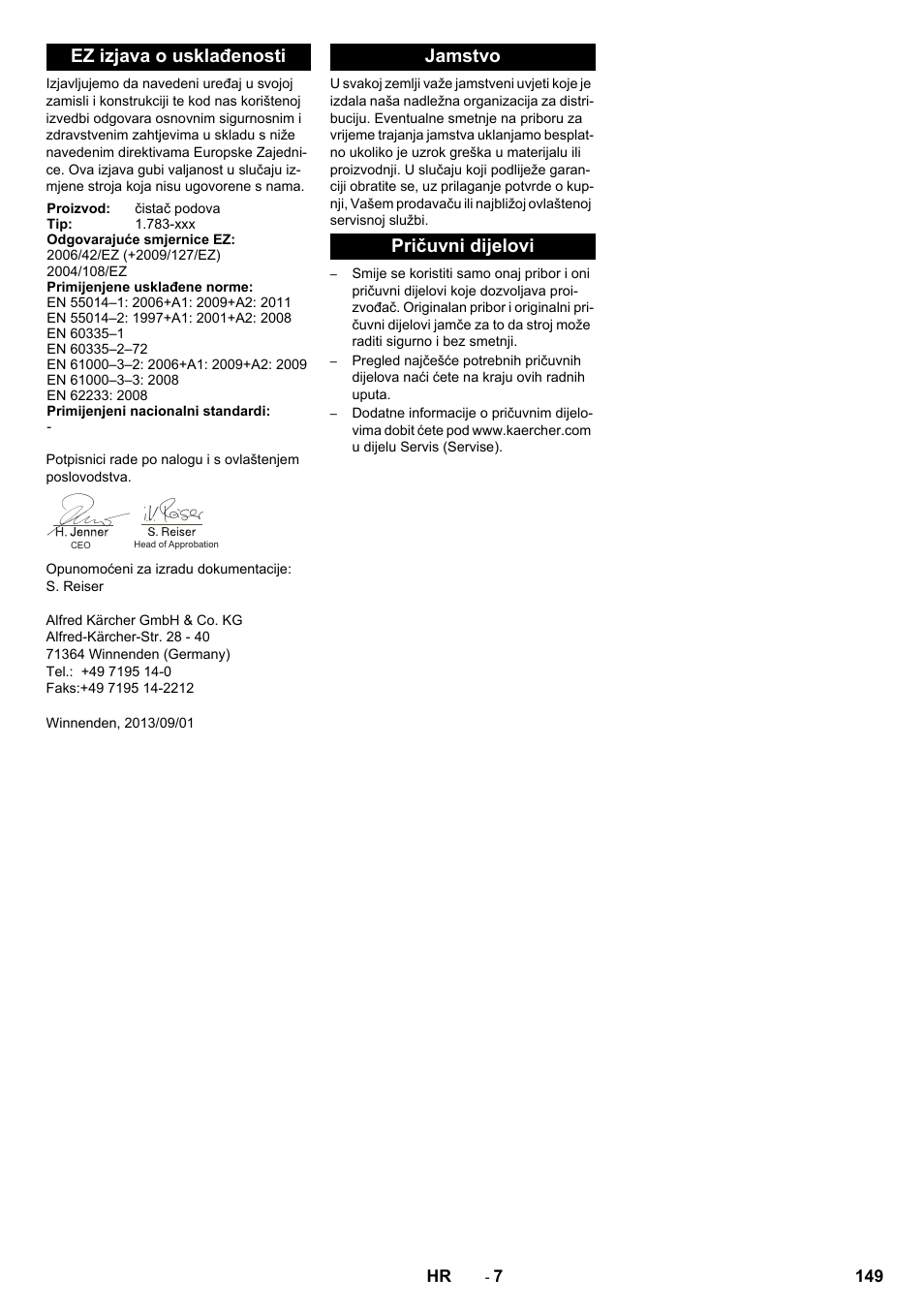 Ez izjava o usklađenosti, Jamstvo pričuvni dijelovi | Karcher BR 40-10 C Adv + MF User Manual | Page 149 / 196