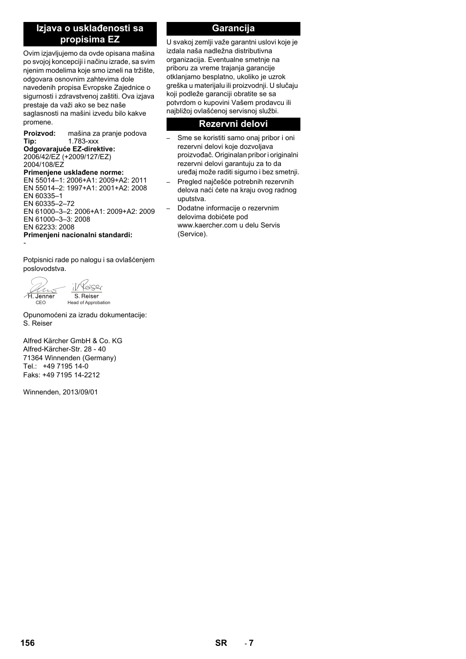 Izjava o usklađenosti sa propisima ez, Garancija rezervni delovi | Karcher BR 40-10 C Adv + MF User Manual | Page 156 / 196