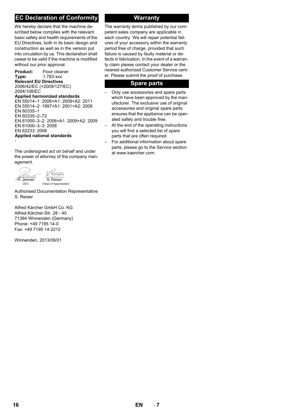 Ec declaration of conformity, Warranty spare parts | Karcher BR 40-10 C Adv + MF User Manual | Page 16 / 196