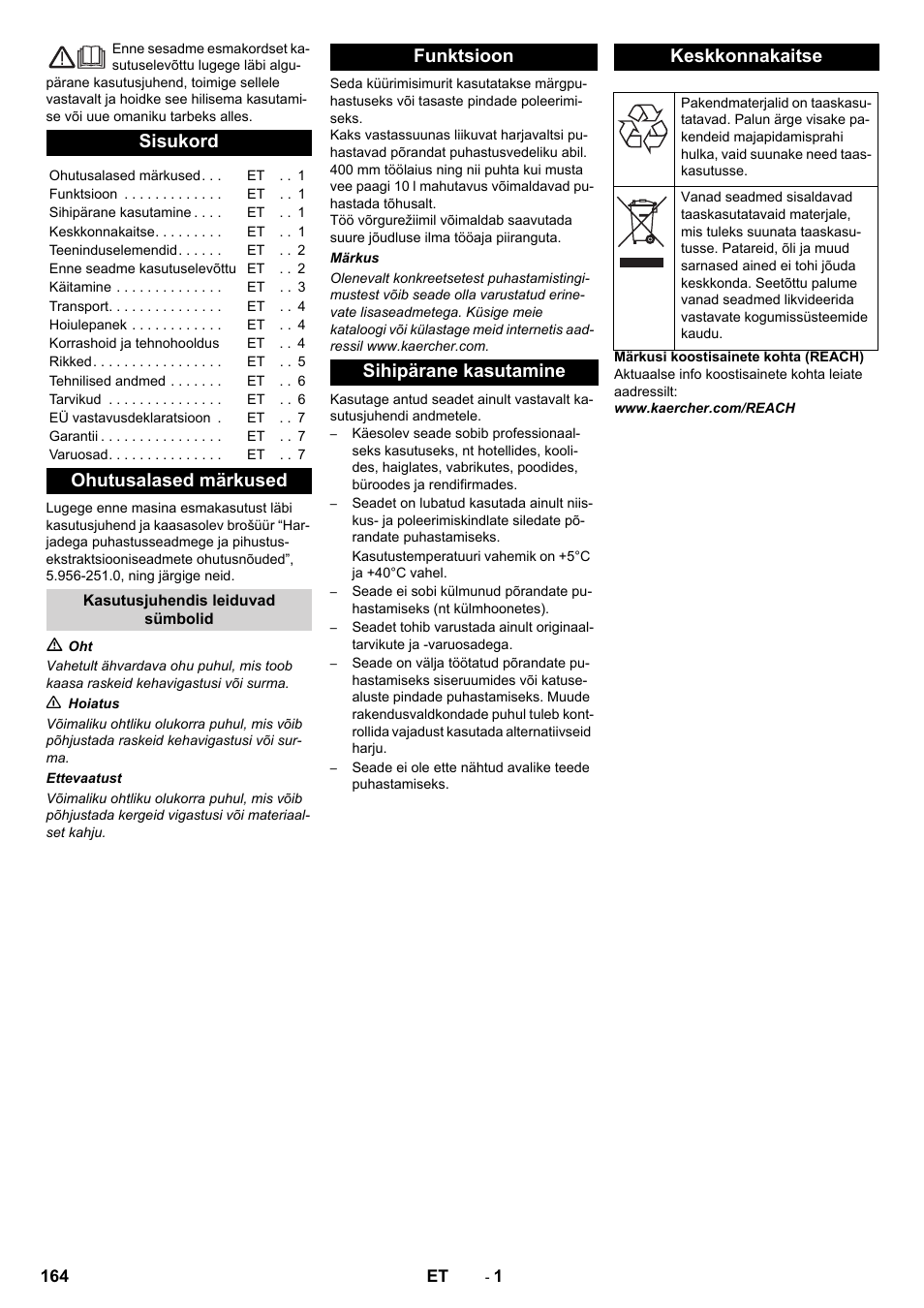 Eesti, Sisukord, Ohutusalased märkused | Funktsioon sihipärane kasutamine keskkonnakaitse | Karcher BR 40-10 C Adv + MF User Manual | Page 164 / 196