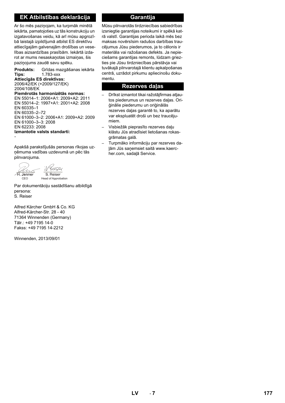 Ek atbilstības deklarācija, Garantija rezerves daļas | Karcher BR 40-10 C Adv + MF User Manual | Page 177 / 196