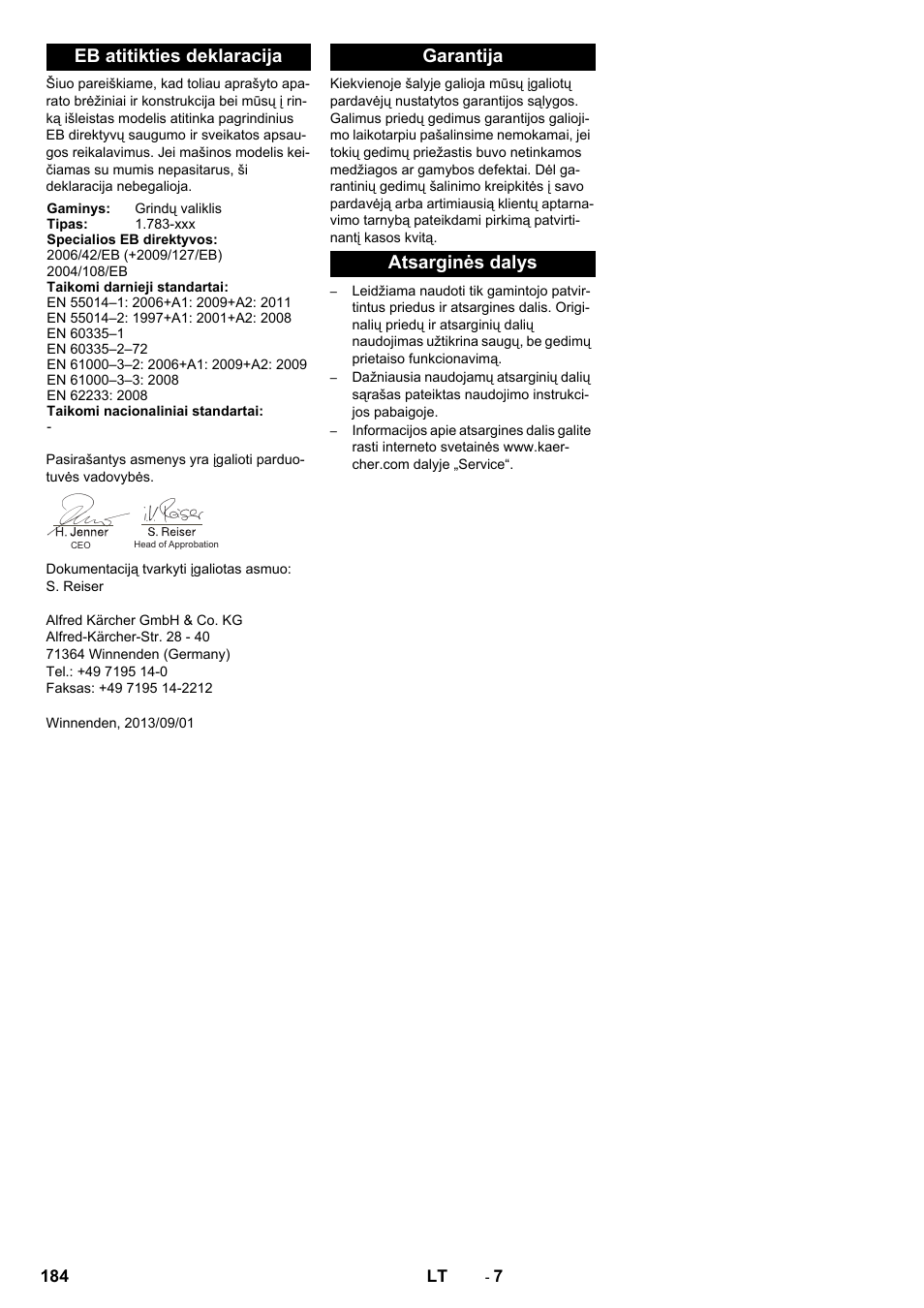 Eb atitikties deklaracija, Garantija atsarginės dalys | Karcher BR 40-10 C Adv + MF User Manual | Page 184 / 196