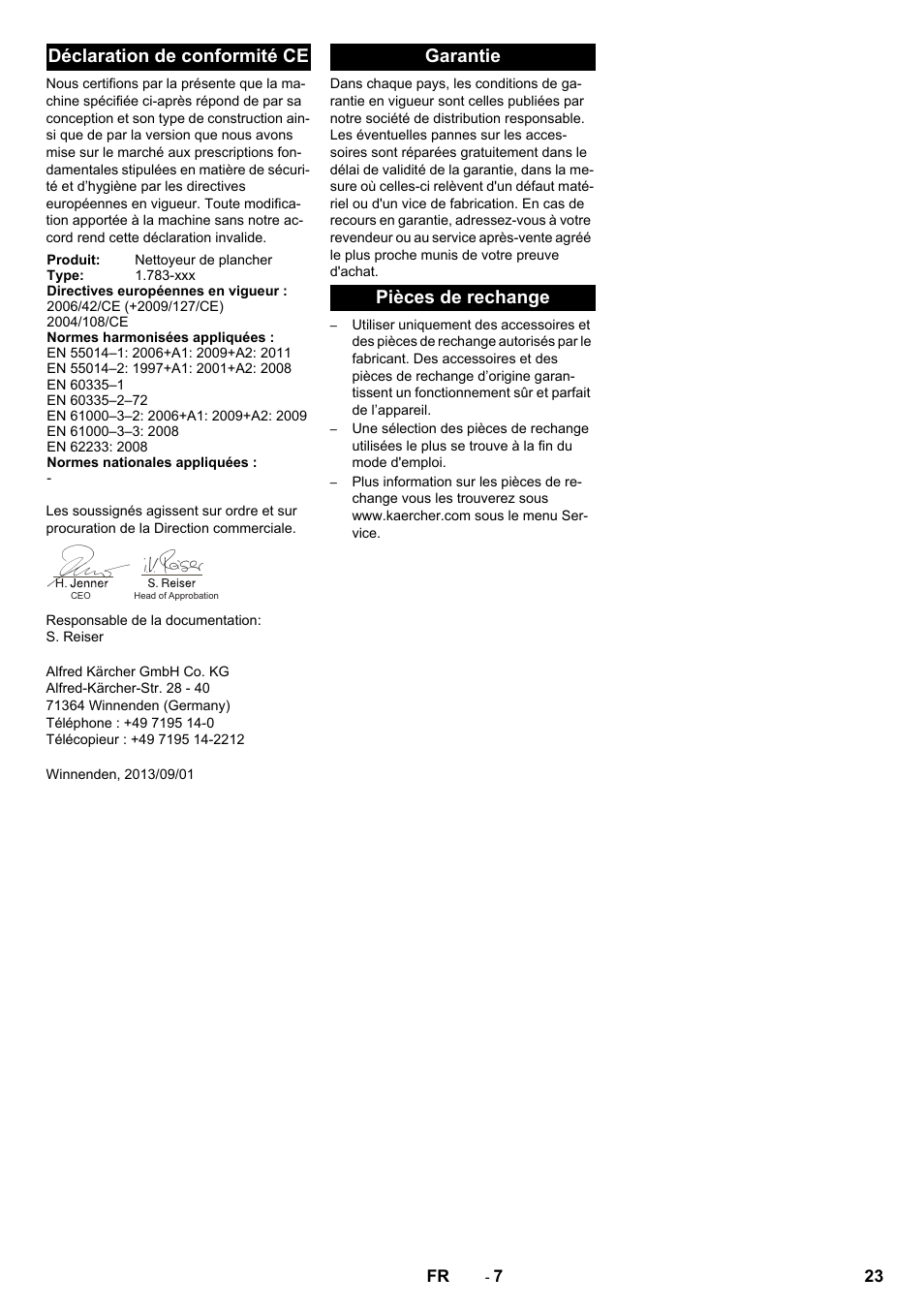 Déclaration de conformité ce, Garantie pièces de rechange | Karcher BR 40-10 C Adv + MF User Manual | Page 23 / 196