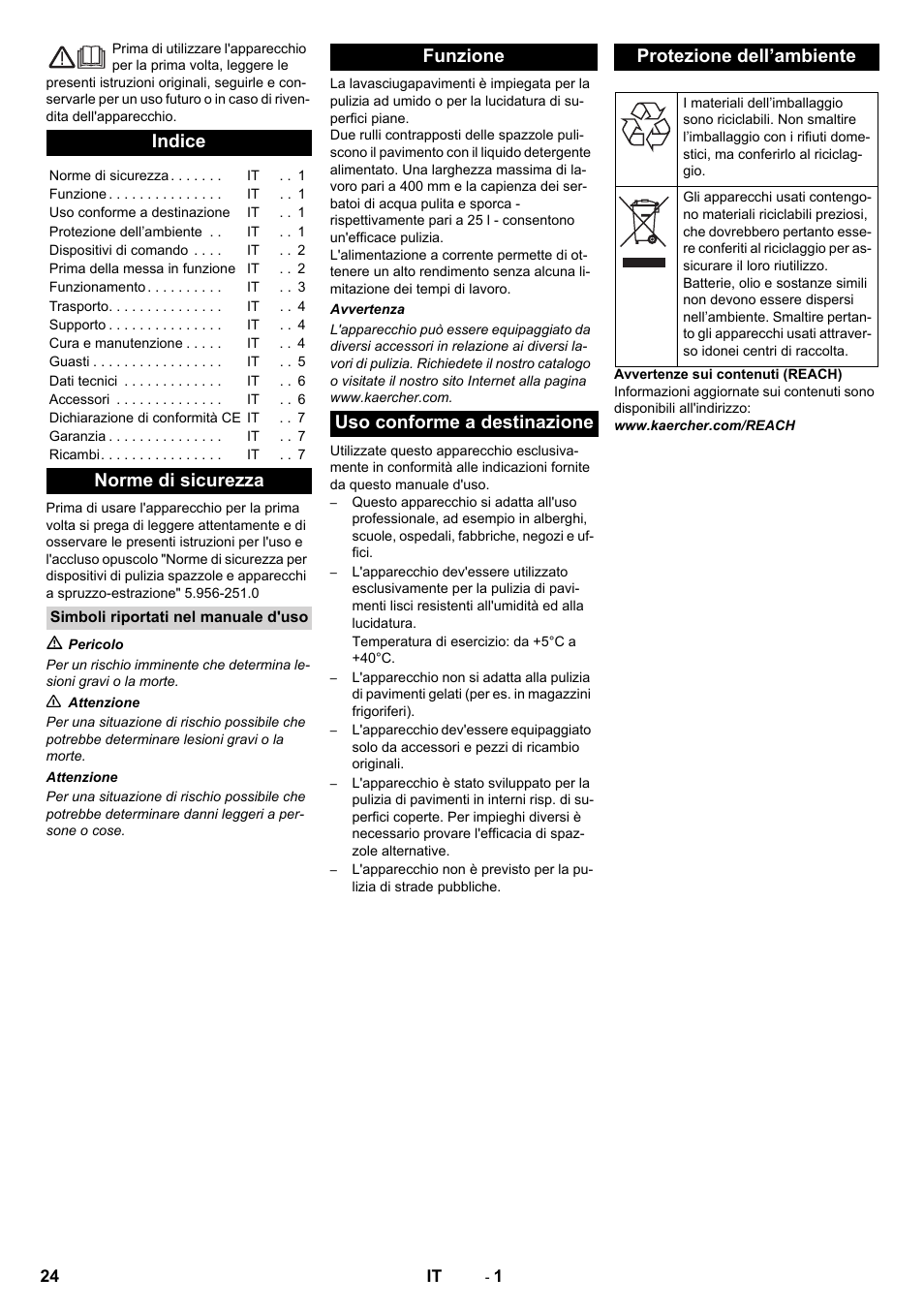 Italiano, Indice, Norme di sicurezza | Karcher BR 40-10 C Adv + MF User Manual | Page 24 / 196