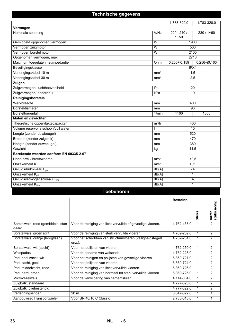 Technische gegevens, Toebehoren | Karcher BR 40-10 C Adv + MF User Manual | Page 36 / 196