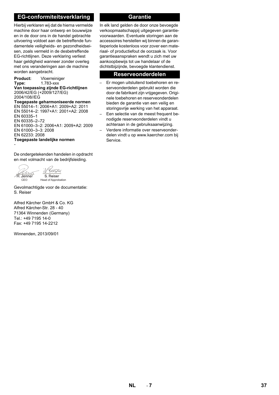 Eg-conformiteitsverklaring, Garantie reserveonderdelen | Karcher BR 40-10 C Adv + MF User Manual | Page 37 / 196