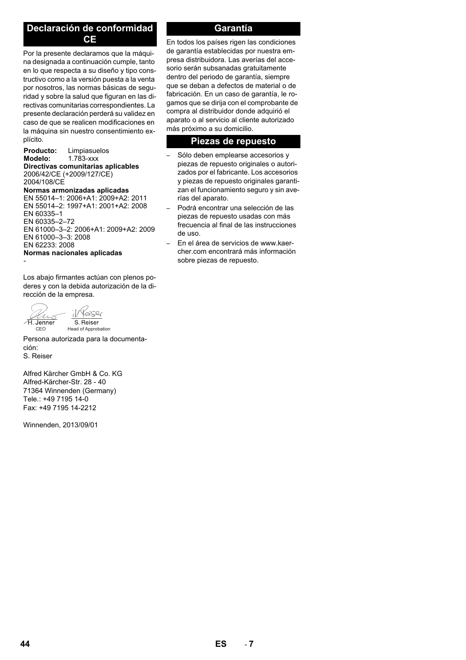 Declaración de conformidad ce, Garantía piezas de repuesto | Karcher BR 40-10 C Adv + MF User Manual | Page 44 / 196