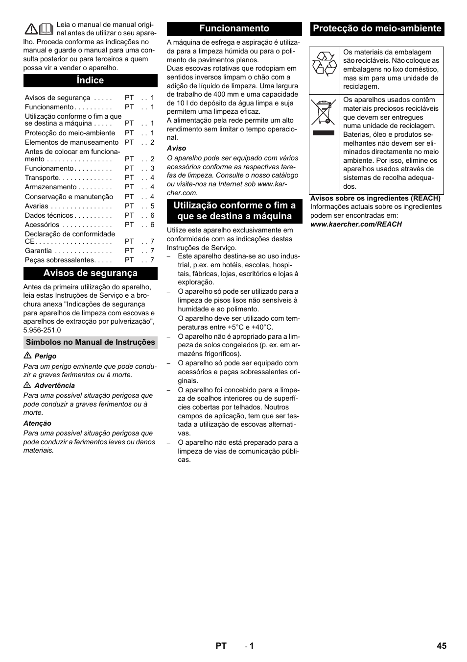 Português, Índice, Avisos de segurança | Karcher BR 40-10 C Adv + MF User Manual | Page 45 / 196