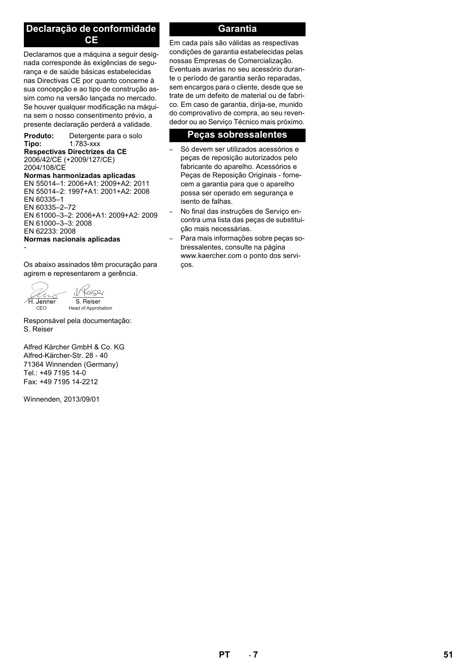 Declaração de conformidade ce, Garantia peças sobressalentes | Karcher BR 40-10 C Adv + MF User Manual | Page 51 / 196