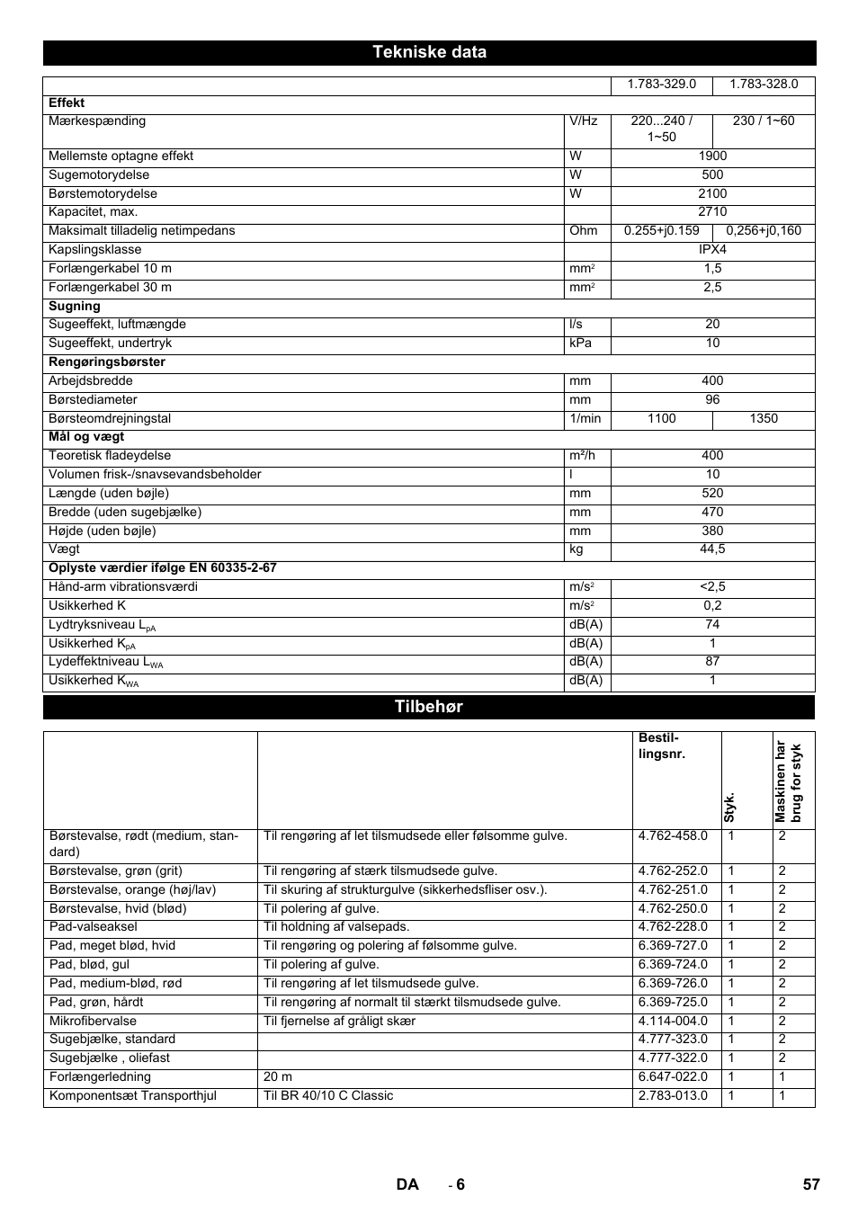 Tekniske data, Tilbehør | Karcher BR 40-10 C Adv + MF User Manual | Page 57 / 196