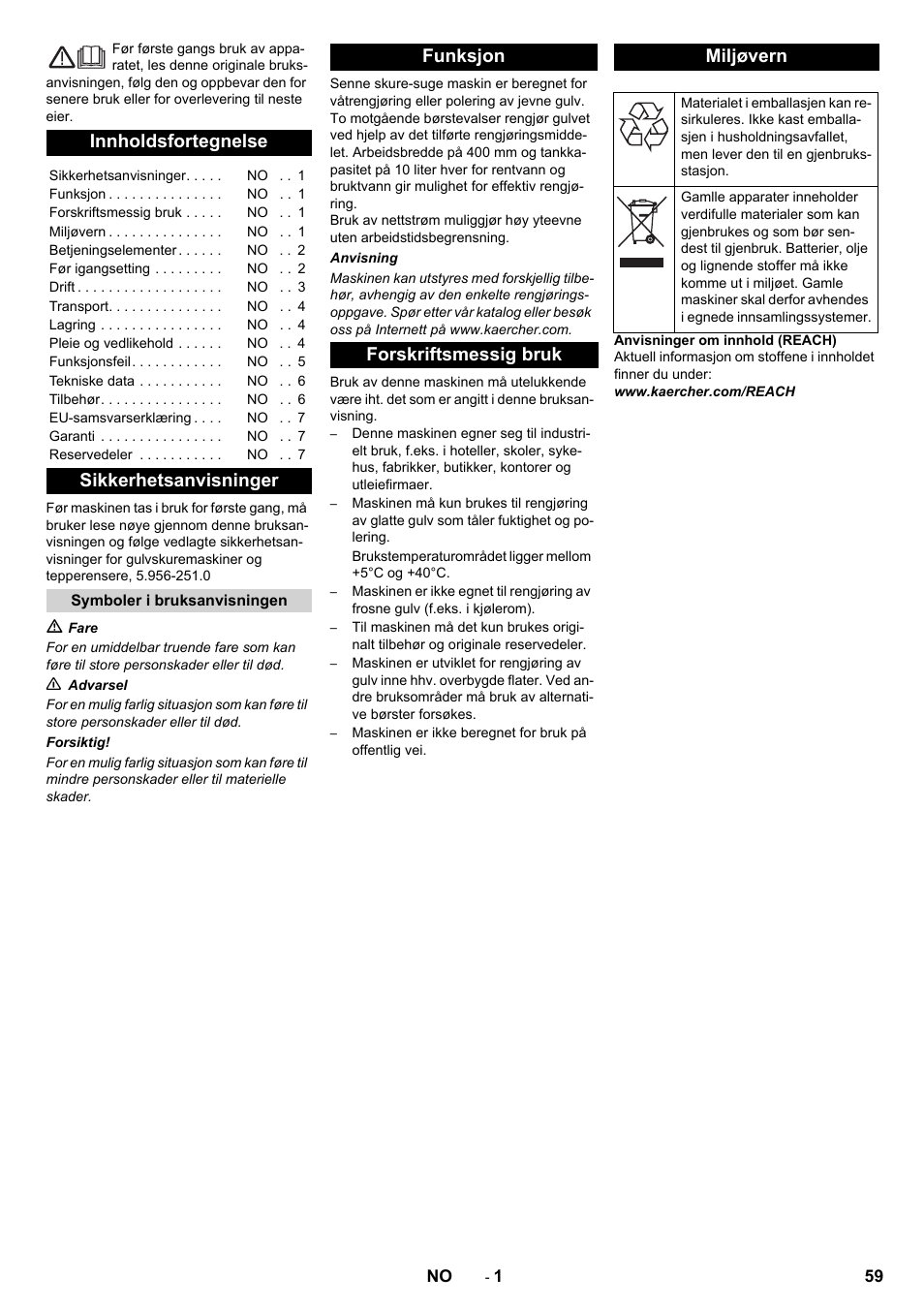 Norsk, Innholdsfortegnelse, Sikkerhetsanvisninger | Funksjon forskriftsmessig bruk miljøvern | Karcher BR 40-10 C Adv + MF User Manual | Page 59 / 196