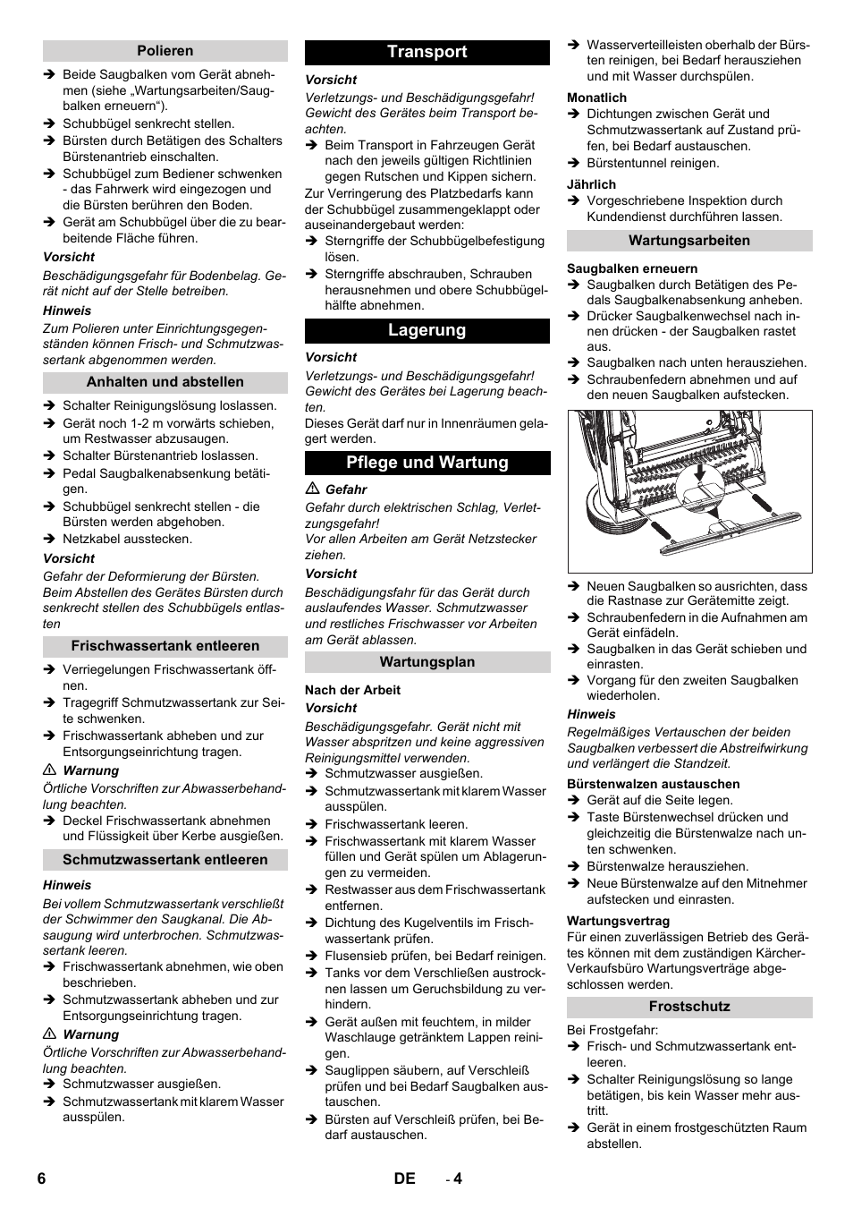 Transport lagerung pflege und wartung | Karcher BR 40-10 C Adv + MF User Manual | Page 6 / 196