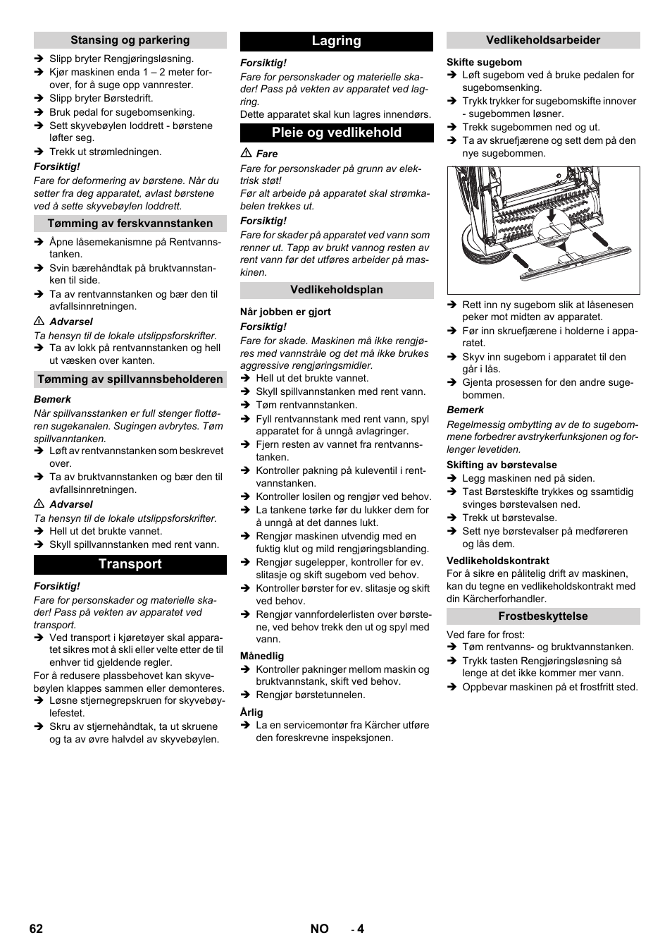 Transport lagring pleie og vedlikehold | Karcher BR 40-10 C Adv + MF User Manual | Page 62 / 196