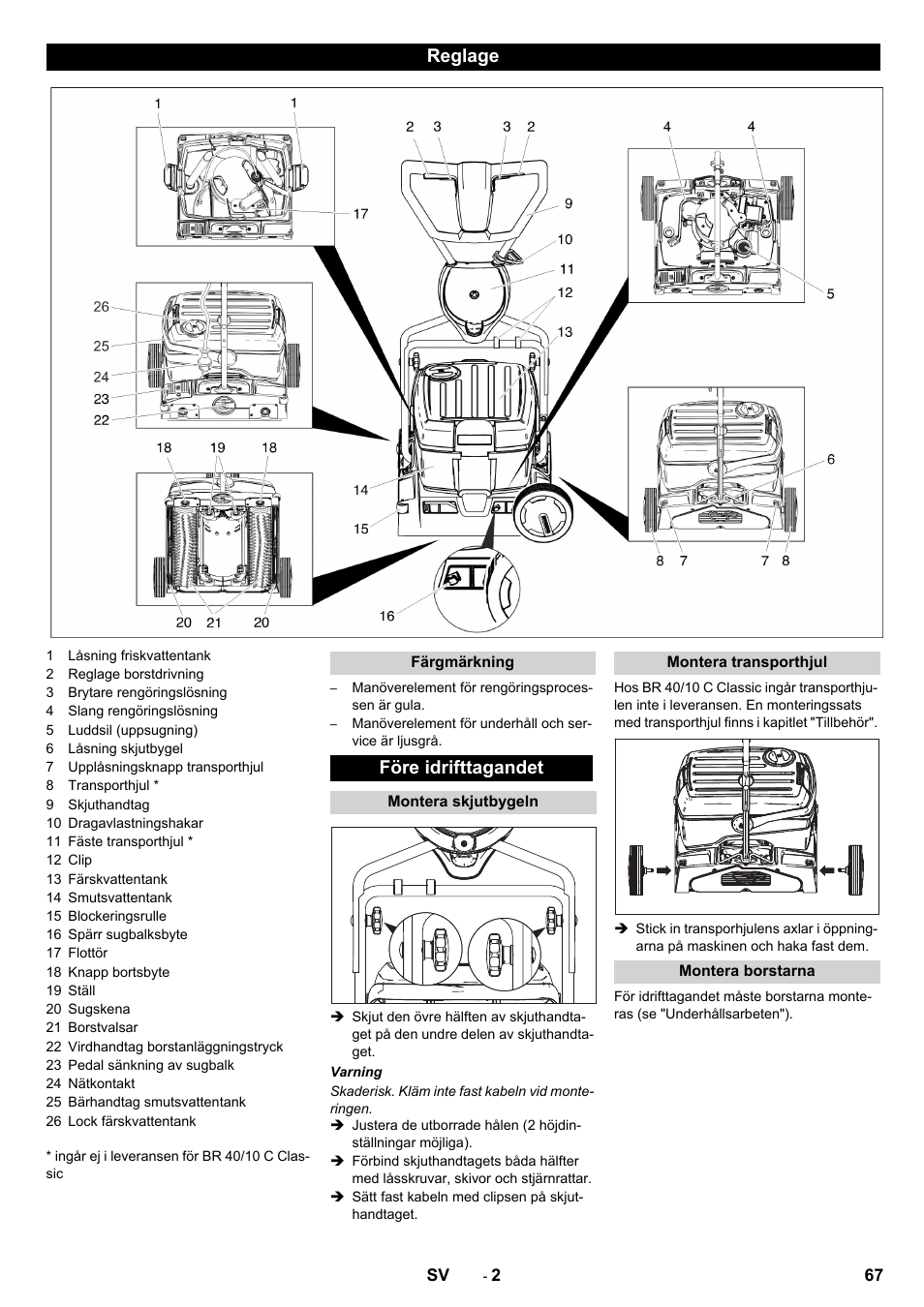 Reglage, Före idrifttagandet | Karcher BR 40-10 C Adv + MF User Manual | Page 67 / 196