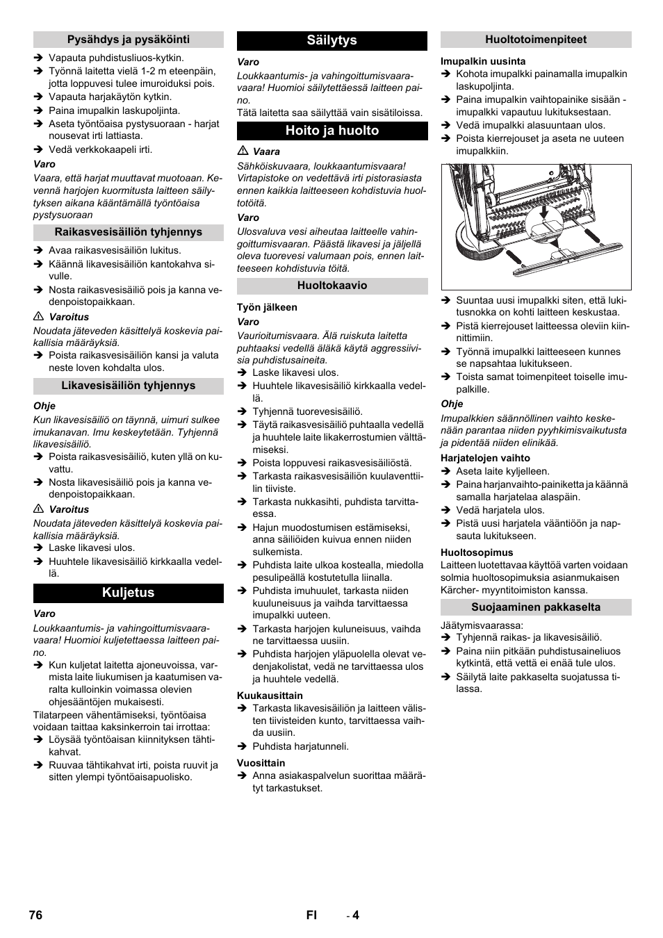 Kuljetus säilytys hoito ja huolto | Karcher BR 40-10 C Adv + MF User Manual | Page 76 / 196