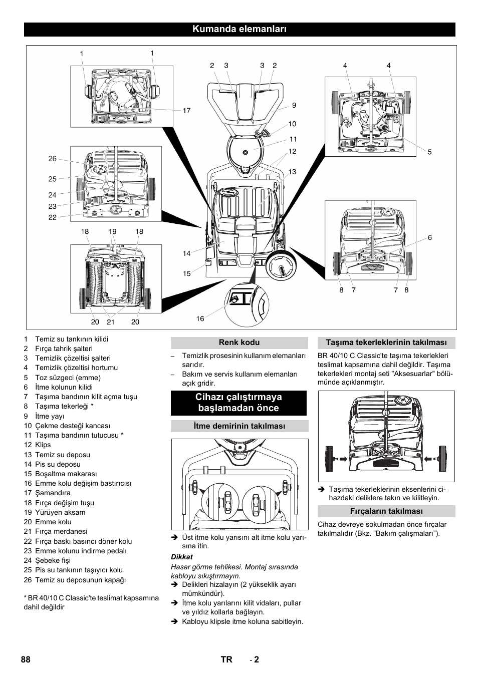 Kumanda elemanları, Cihazı çalıştırmaya başlamadan önce | Karcher BR 40-10 C Adv + MF User Manual | Page 88 / 196