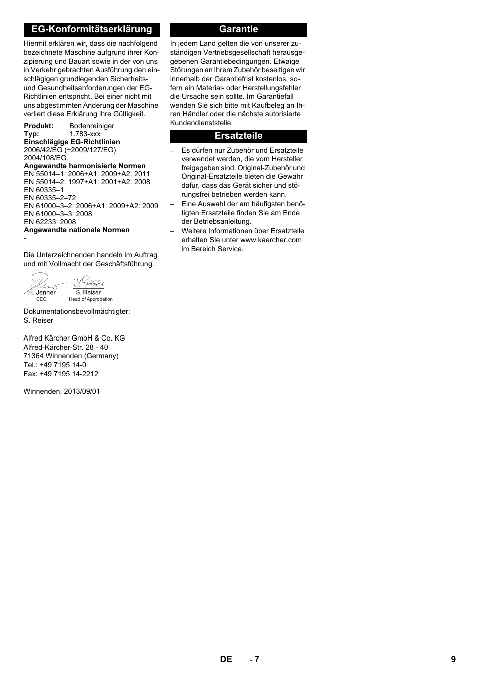 Eg-konformitätserklärung, Garantie ersatzteile | Karcher BR 40-10 C Adv + MF User Manual | Page 9 / 196