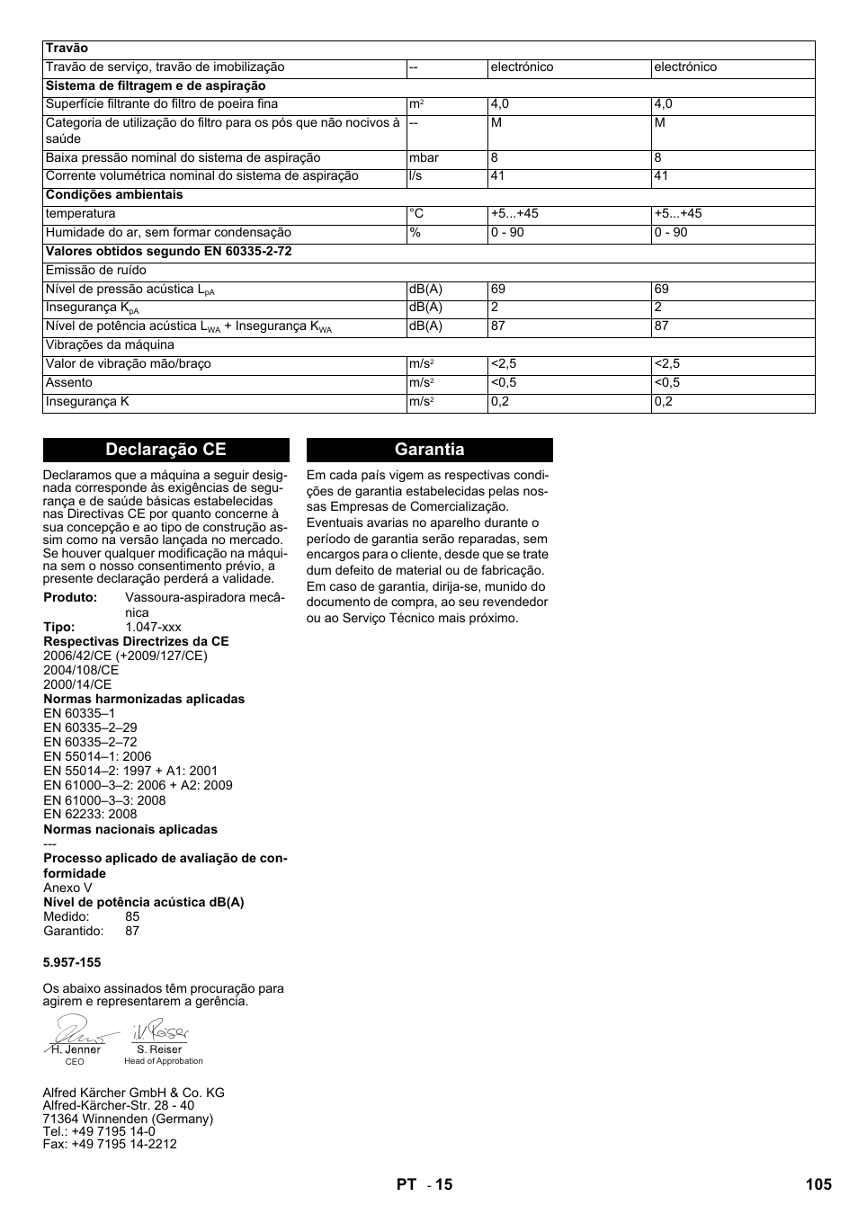 Declaração ce, Garantia | Karcher KM 90-60 R Bp User Manual | Page 105 / 408