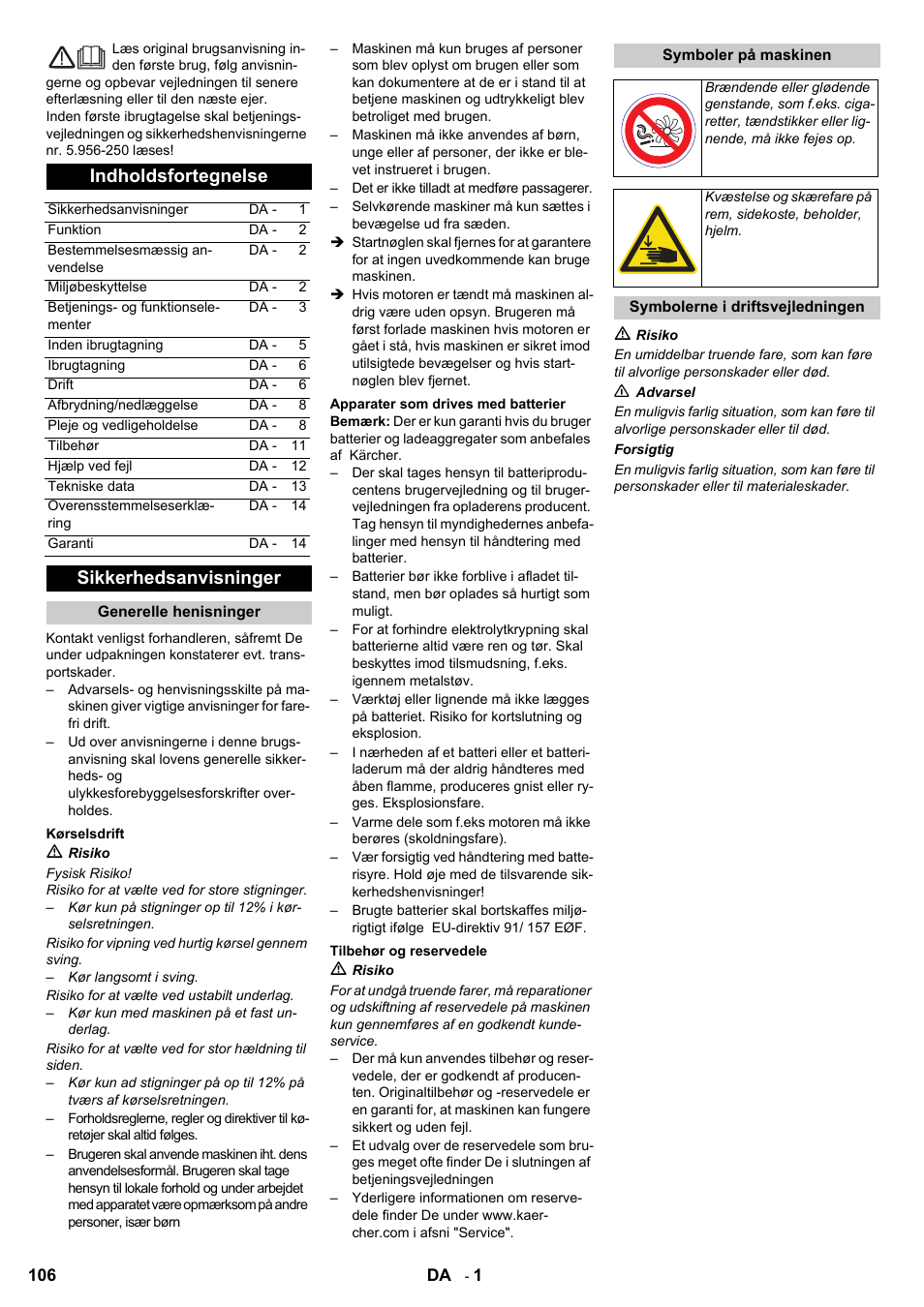 Indholdsfortegnelse, Sikkerhedsanvisninger | Karcher KM 90-60 R Bp User Manual | Page 106 / 408