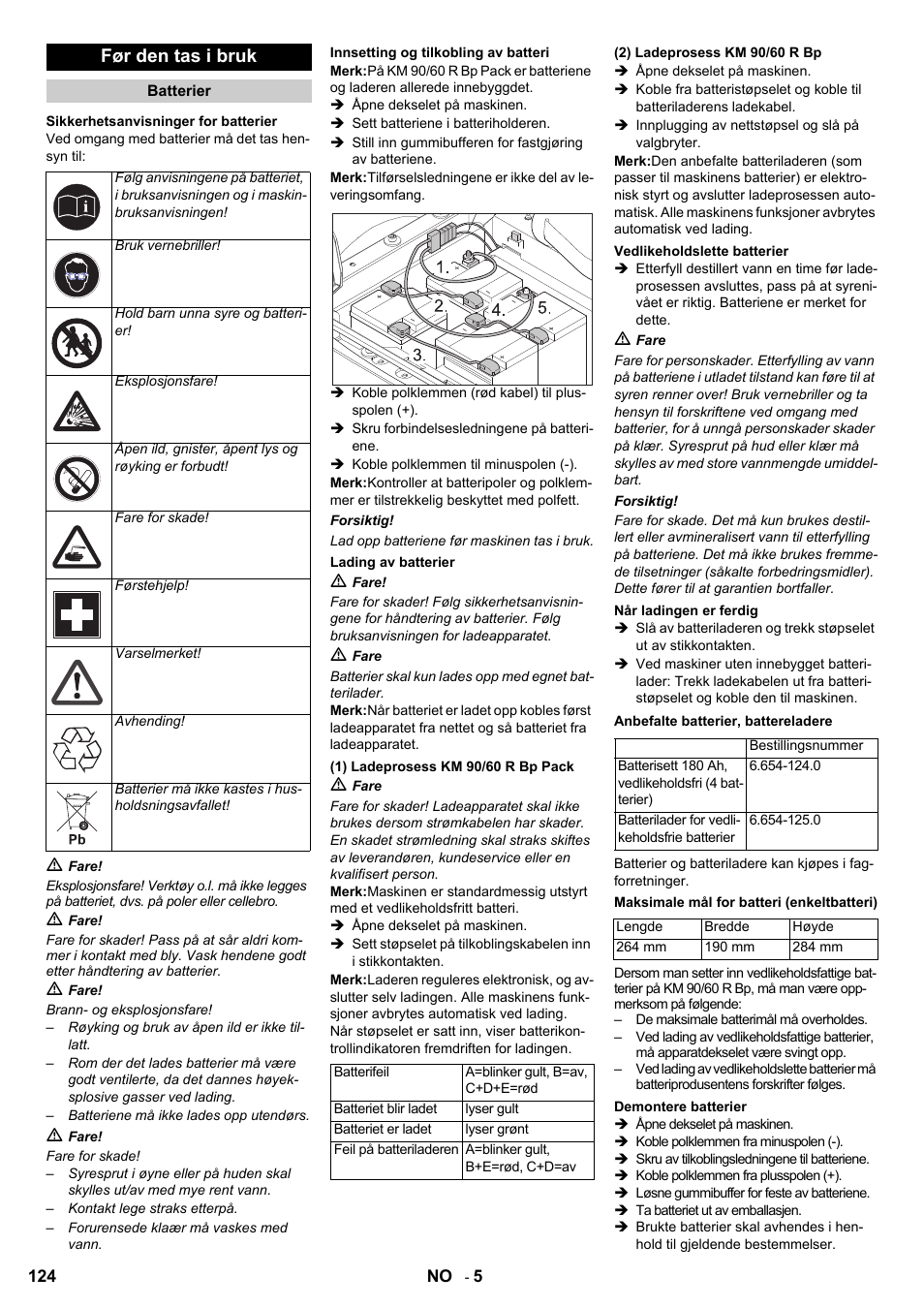 Før den tas i bruk | Karcher KM 90-60 R Bp User Manual | Page 124 / 408