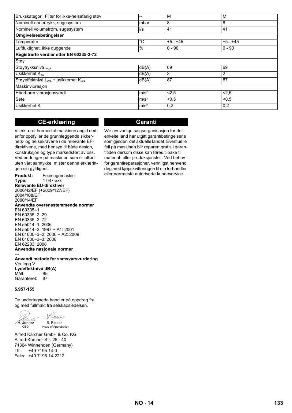 Ce-erklæring, Garanti | Karcher KM 90-60 R Bp User Manual | Page 133 / 408