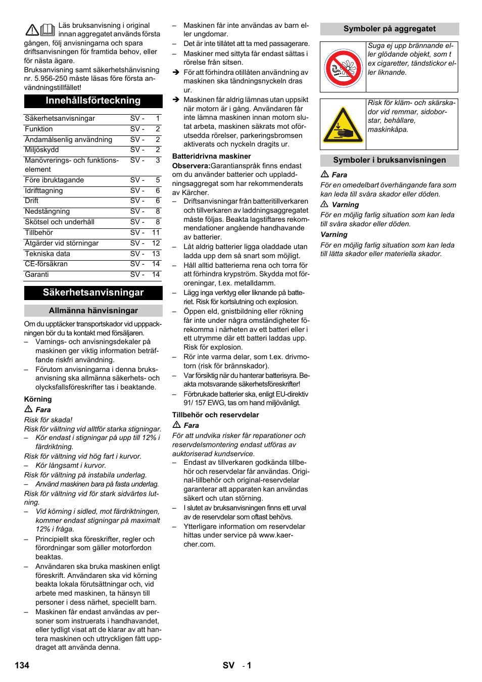 Innehållsförteckning, Säkerhetsanvisningar | Karcher KM 90-60 R Bp User Manual | Page 134 / 408