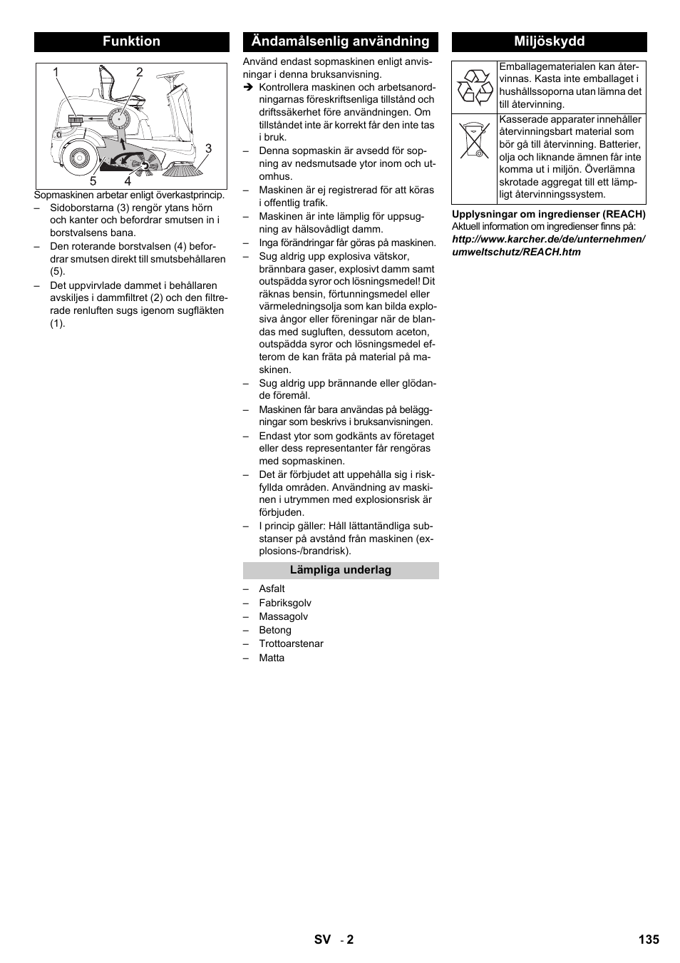 Funktion ändamålsenlig användning, Miljöskydd | Karcher KM 90-60 R Bp User Manual | Page 135 / 408