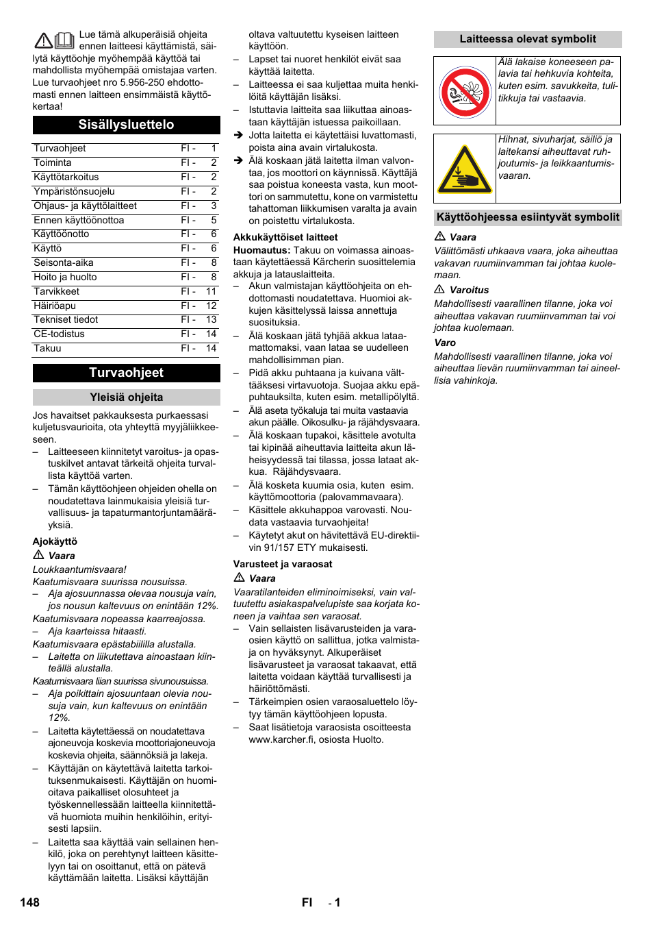 Sisällysluettelo, Turvaohjeet | Karcher KM 90-60 R Bp User Manual | Page 148 / 408